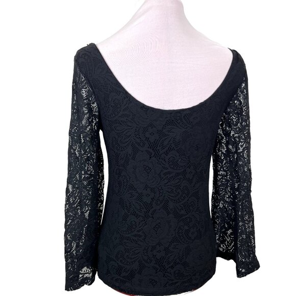 Witchy Boho Chic Black Lace Bell Sleeve Scooped Back Stretch Womens Top Medium - Picture 2 of 10